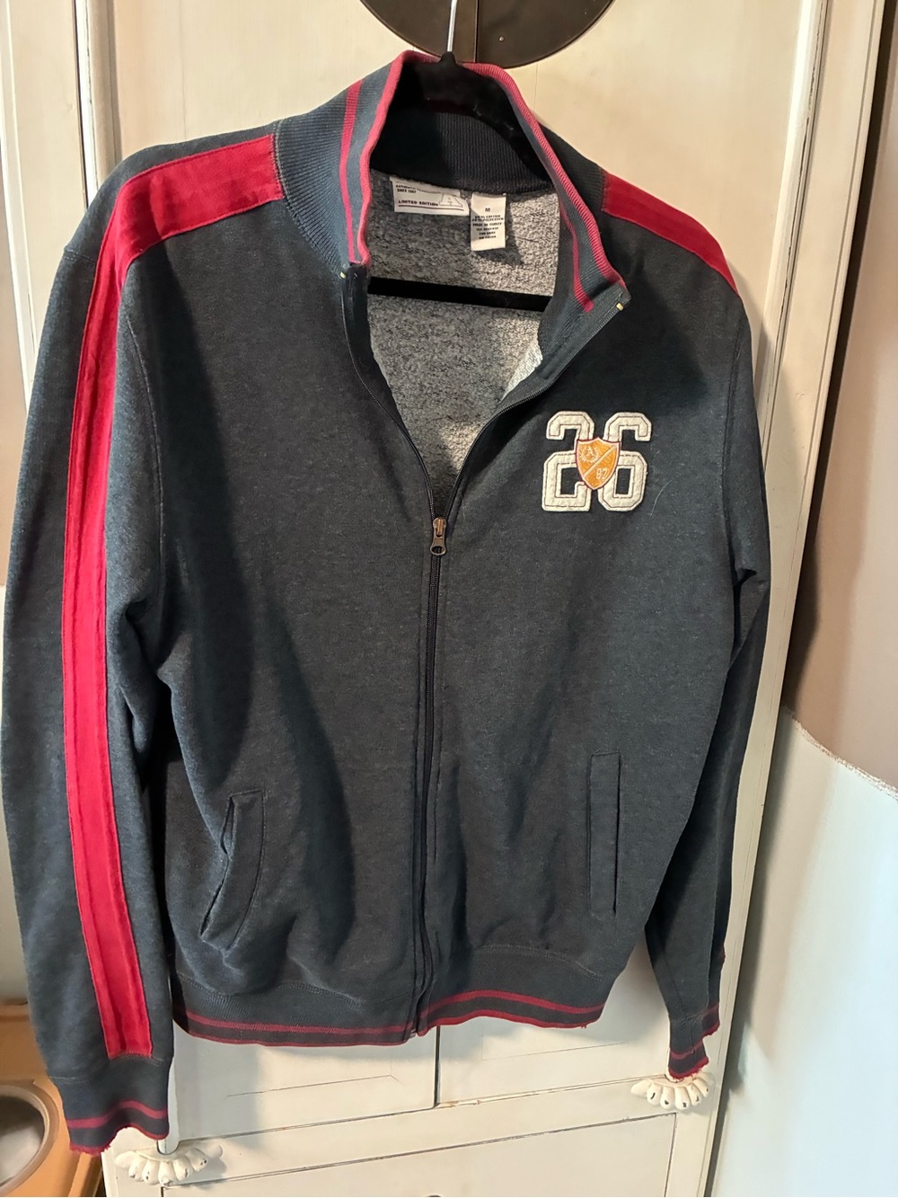 Men’s Medium Gray Zip-Up Jacket with Red Stripes